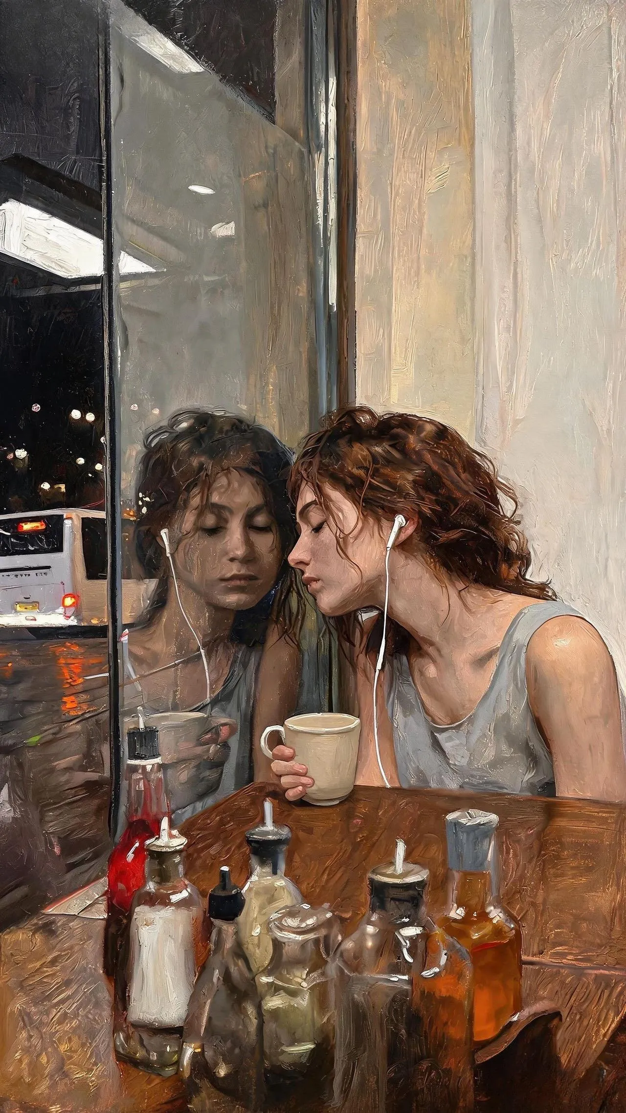 耳机隔绝世间喧嚣人流 — Oil on canvas